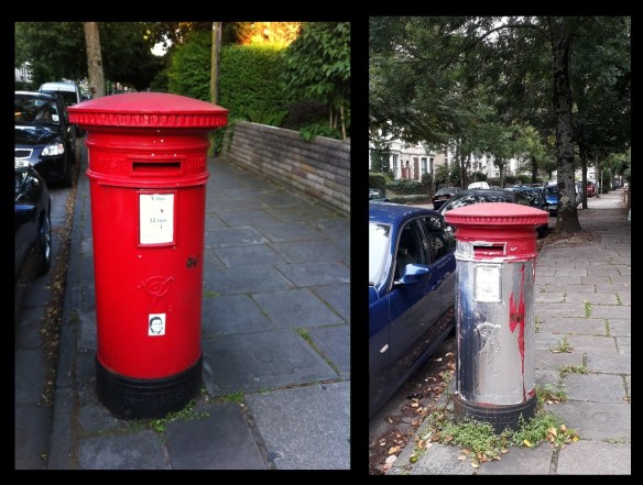 Victorian Pillar Box, Roath, Cardiff - Oakfield Street - CF24 3RF in 2013 (left) and after the pranksters visited in 2018 (right)