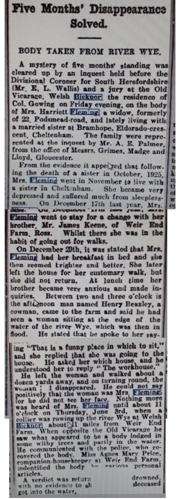 harriett fleming accound of death