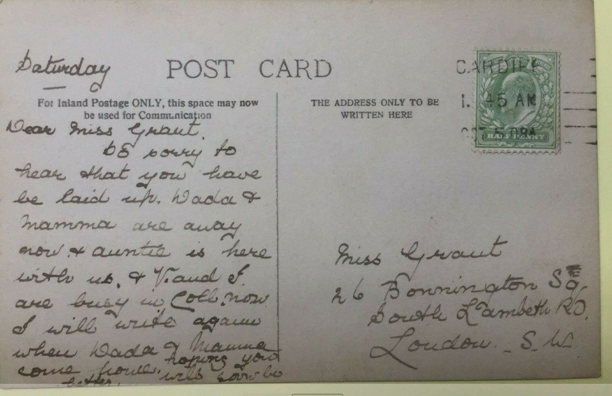 Cardiff postcard Miss Grant 26 Bonnington Square Lambeth