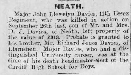 John Llewellyn Davies probate announcment 2nd May 2016 Cambrian Leader