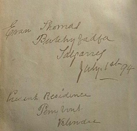 F2 Evan Thomas 1894 bible inscription