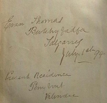 F2 Evan Thomas 1894 bible inscription