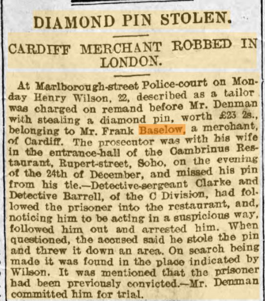 1907 Frank Baselow Diamond Pin Stolen