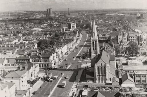 Aerial shot looking up Newport rd...City rd junction on the left...Royal infirmary right and the cooling towers at Colchester Avenue in the distance 1960’s