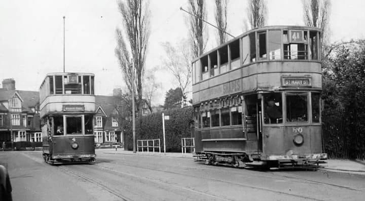 TRAMS OUTSIDE ROATH PARK IN 1949