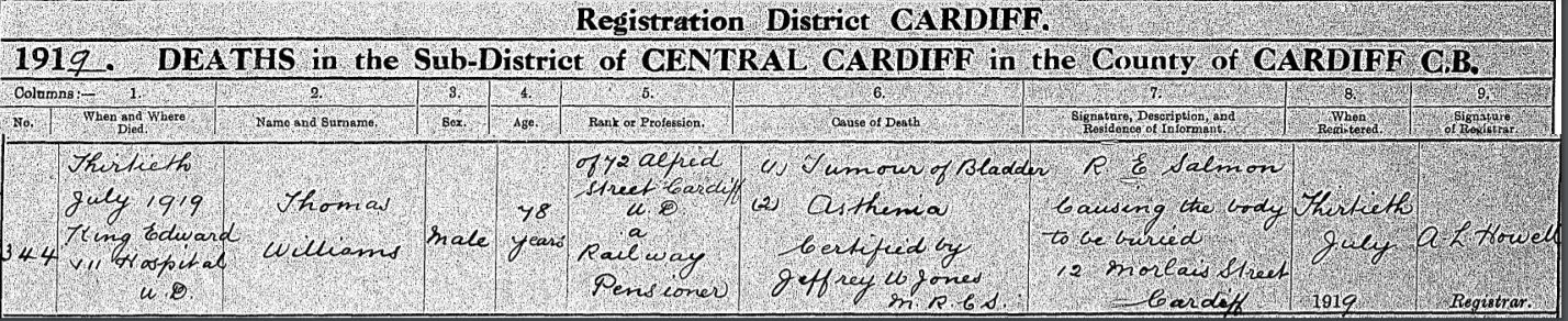 Thomas Williams Death Certificate - Cardiff - 30 July 1919 - King Edward VII Hospital