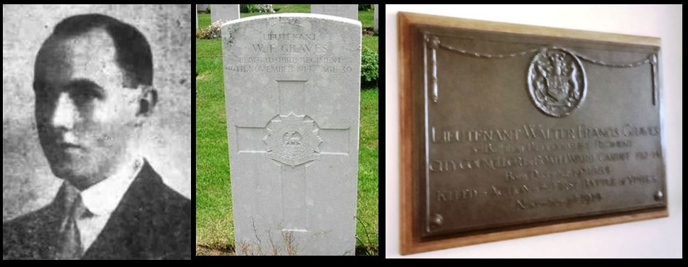 Walter Francis Graves - portrait and headstone and plaque at City Hall