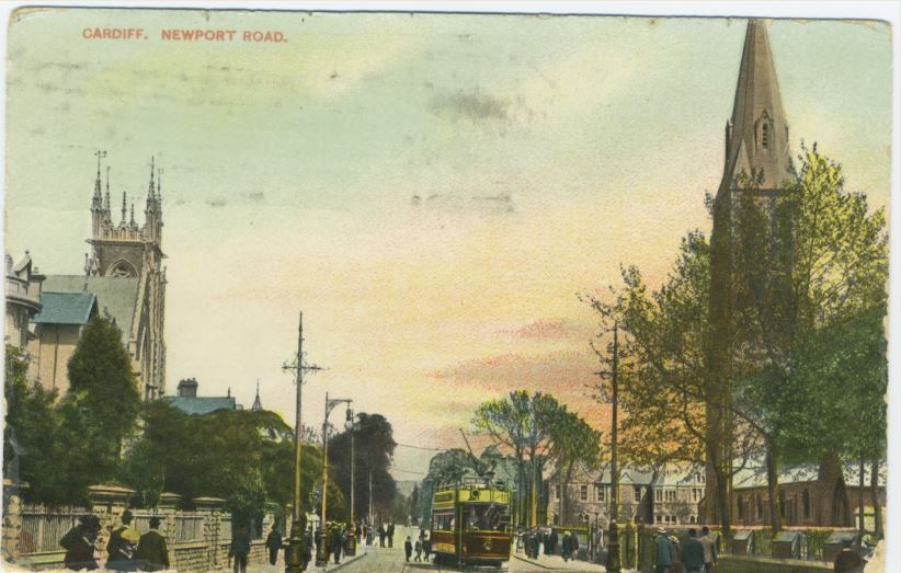 Newport Road looking east with St James the Great on the right