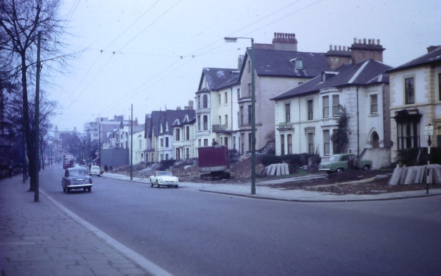 Newport Road aorund 1965 during road-widening works. Turning on the right is WOrdsworth Avenue. All houses pictures have since been demolished. (pic credit - Glyn Bowen)