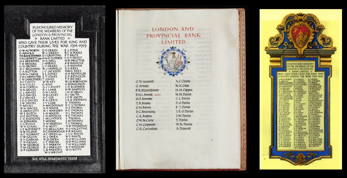 William Norman Davies on London and Provincial Bank memorial and Roll of Honour
